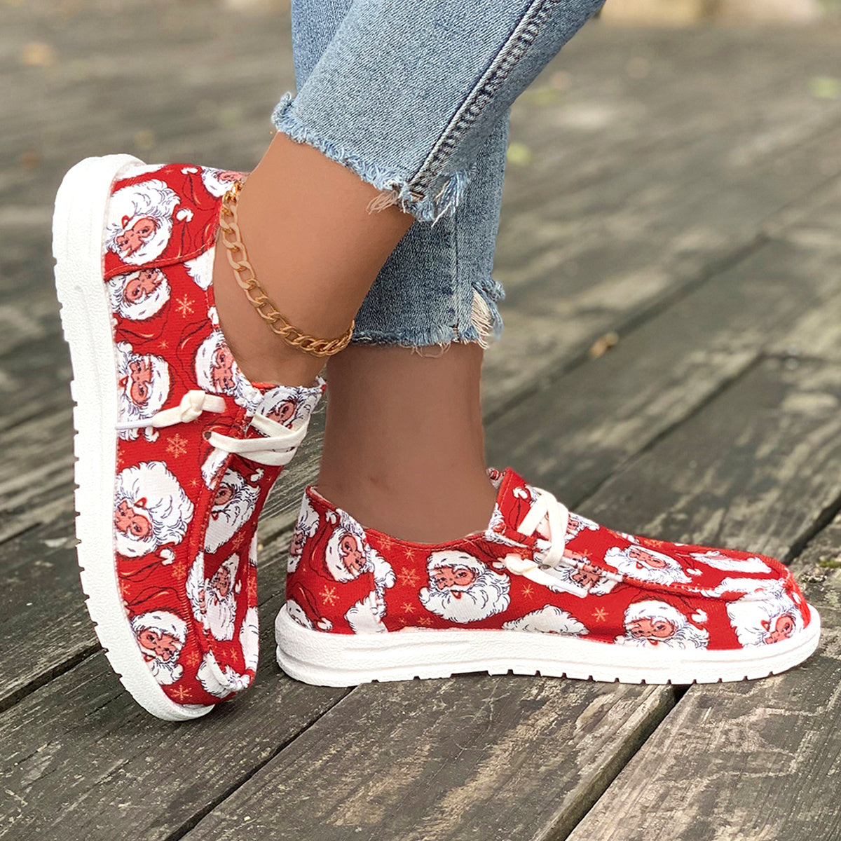 Women's Santa Claus Print Canvas Shoes, Casual Lace Up Outdoor Shoes, Lightweight Low Top Christmas  Sneakers