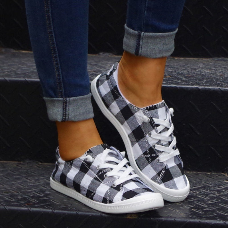 Women's Plaid Pattern Sneakers, Low Top Lace Up Flat Canvas Shoes, Casual & Comfortable Walking Shoes