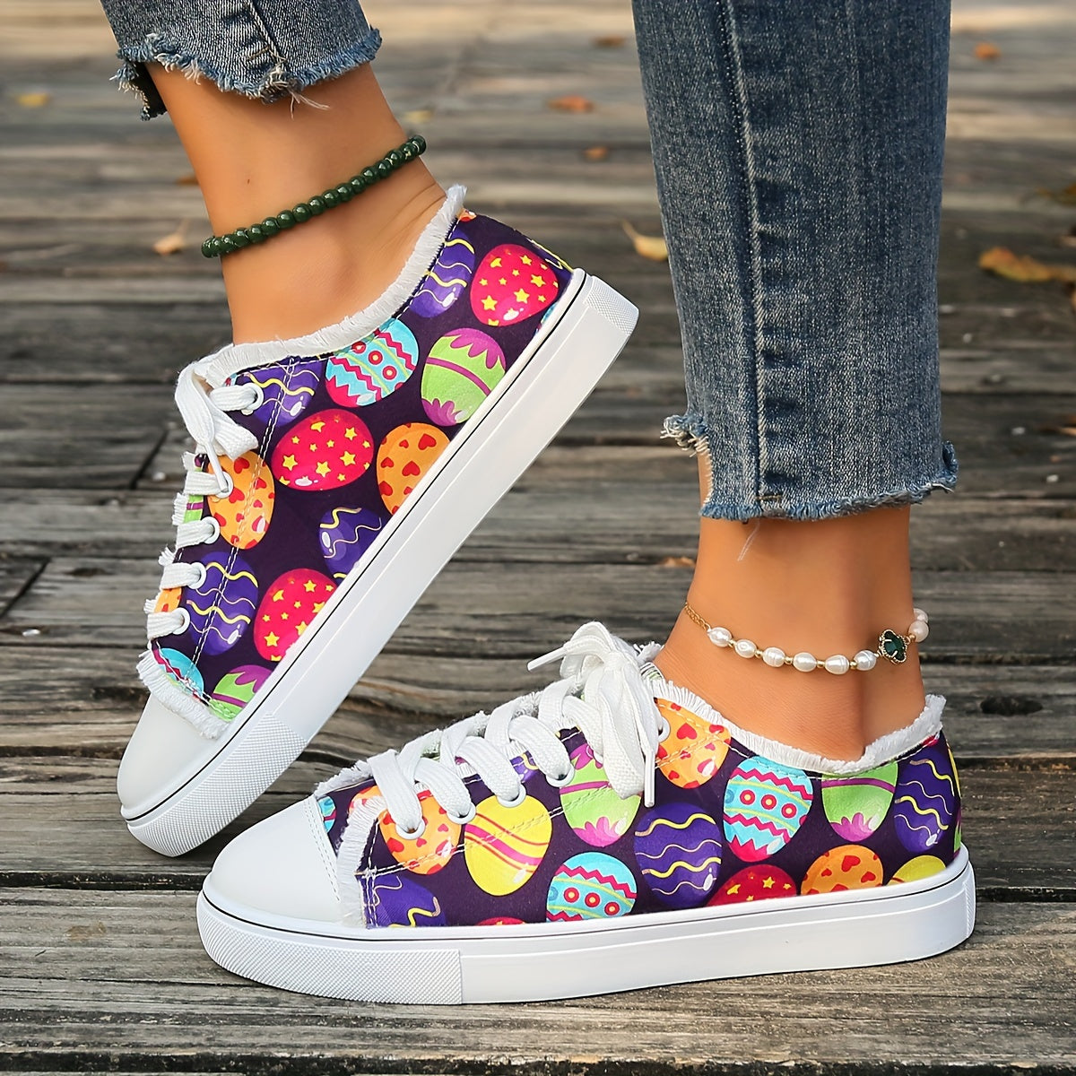 Women's Easter Print Canvas Shoes, Casual Lace Up Flat Sneakers, All-Match Low Top Walking Shoes