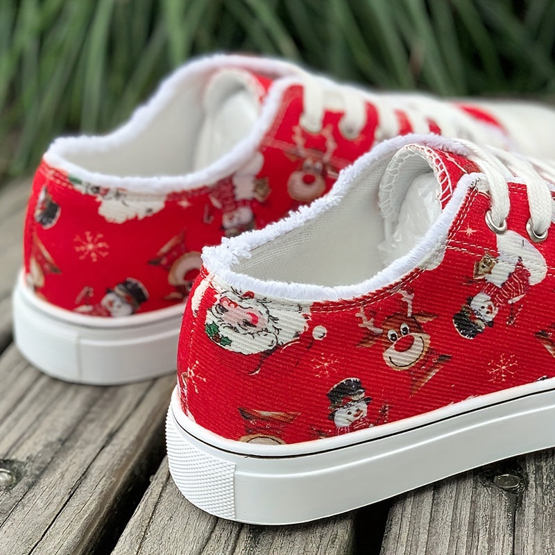 Women's Santa Claus Printed Canvas Shoes, Christmas Lace Up Low Top Skate Shoes, Casual Flat Walking Trainers