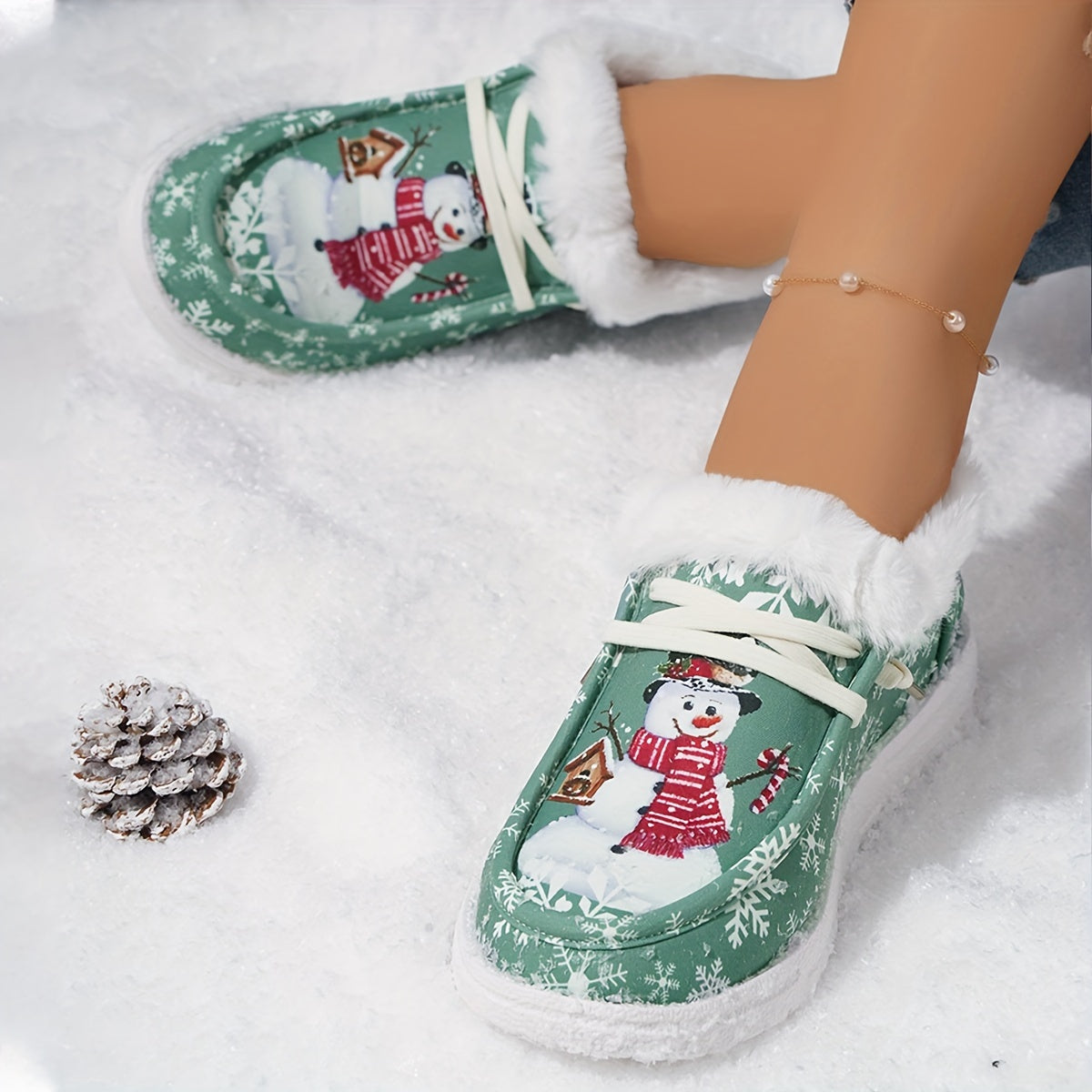 Women's Cartoon Snowflake & Snowman Pattern Shoes, Soft Sole Flat Thermal Lined Shoes, Christmas Non-slip Fluffy Canvas Shoes