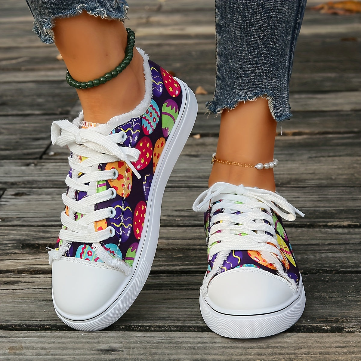 Women's Easter Print Canvas Shoes, Casual Lace Up Flat Sneakers, All-Match Low Top Walking Shoes