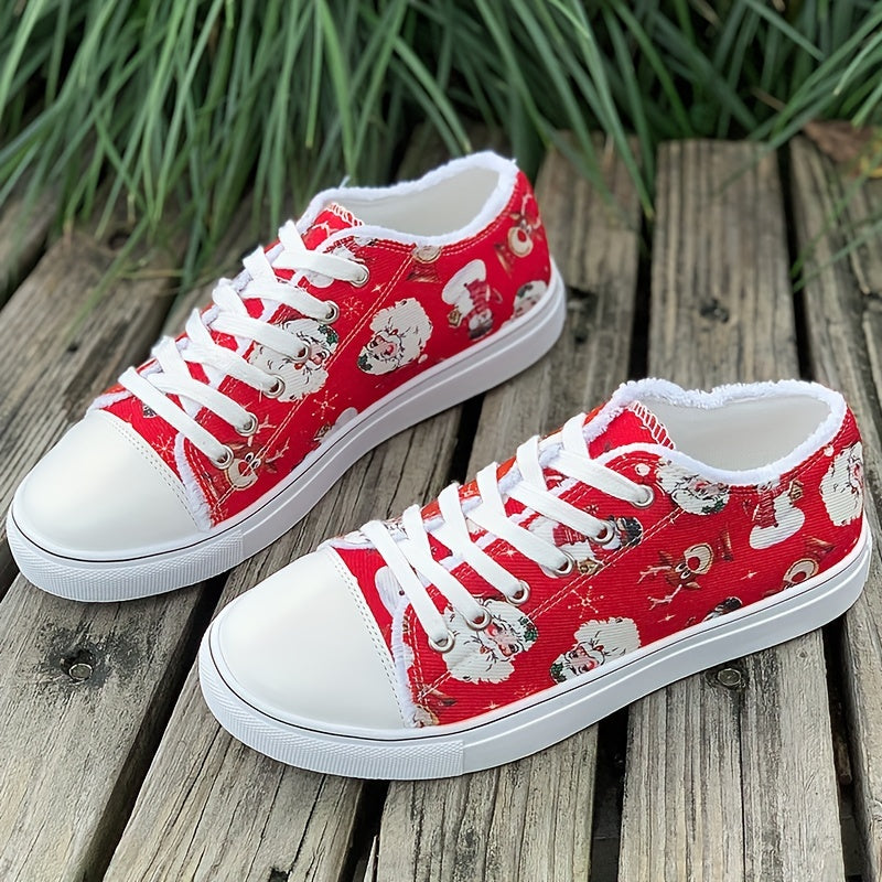 Women's Santa Claus Printed Canvas Shoes, Christmas Lace Up Low Top Skate Shoes, Casual Flat Walking Trainers