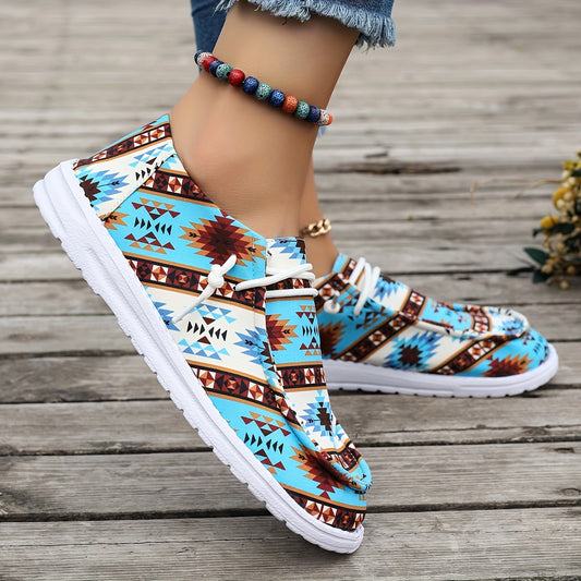 Women's Geometric Pattern Canvas Shoes, Casual Lace Up Outdoor Shoes, Lightweight Low Top Sneakers